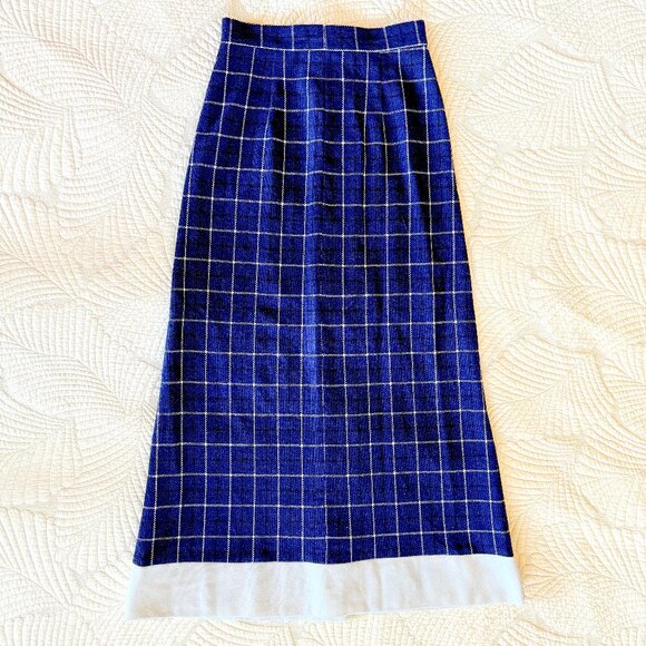 Vintage Handmade Preppy Nautical Wool Navy Blue Plaid Maxi Skirt Size S - Picture 3 of 13